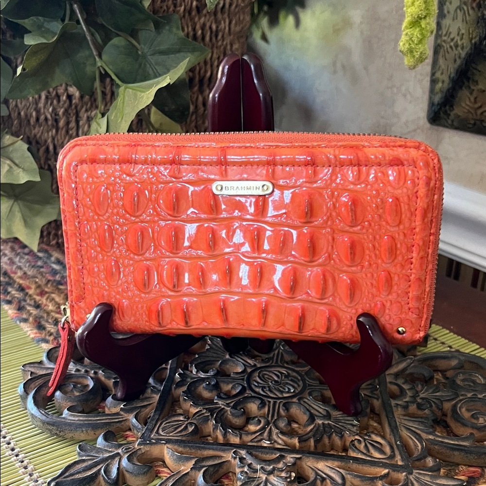 Brahmin Orange/Coral Croc-Embossed Zip Around Wallet -Leather. USED but GUC